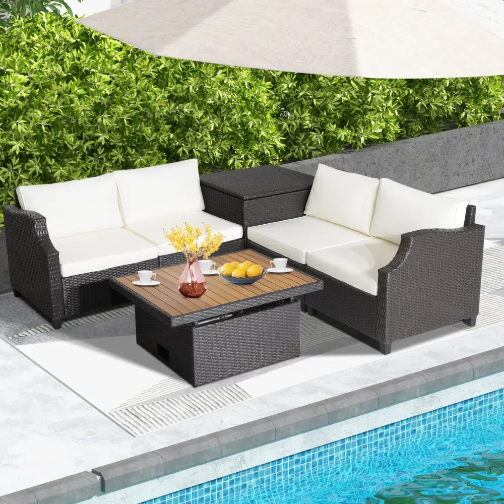 7 Pieces Hand-Woven Wicker Outdoor Furniture Set with Acacia Wood Coffee Table-White - White - Outdoor Sectionals