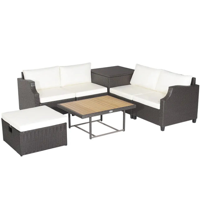 7 Pieces Hand-Woven Wicker Outdoor Furniture Set with Acacia Wood Coffee Table-White - White - Outdoor Sectionals