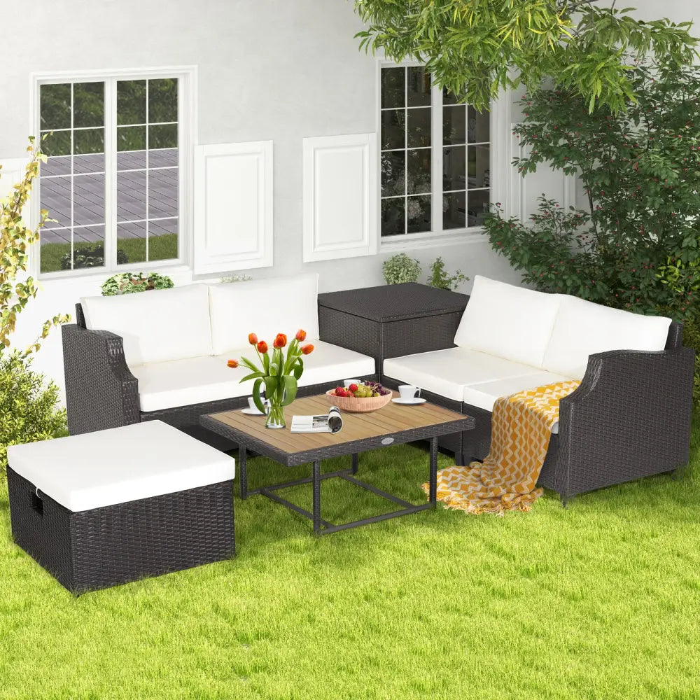 7 Pieces Hand-Woven Wicker Outdoor Furniture Set with Acacia Wood Coffee Table-White - White - Outdoor Sectionals