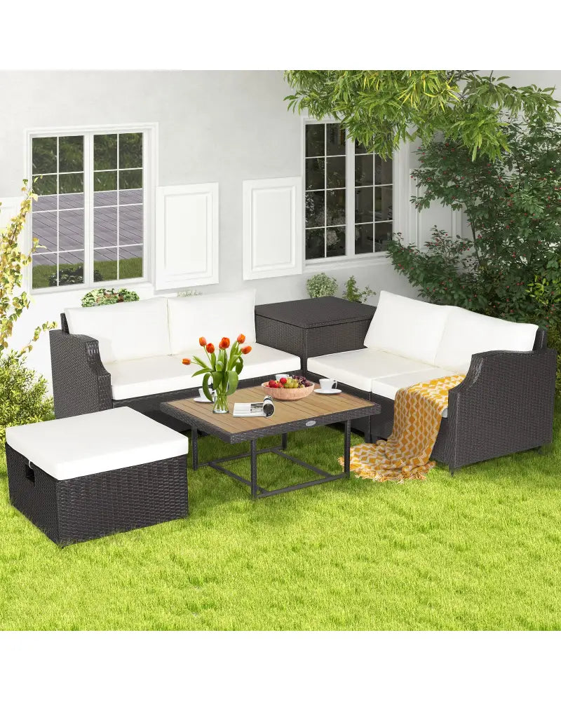 7 Pieces Hand-Woven Wicker Outdoor Furniture Set with Acacia Wood Coffee Table-White - White - Outdoor Sectionals