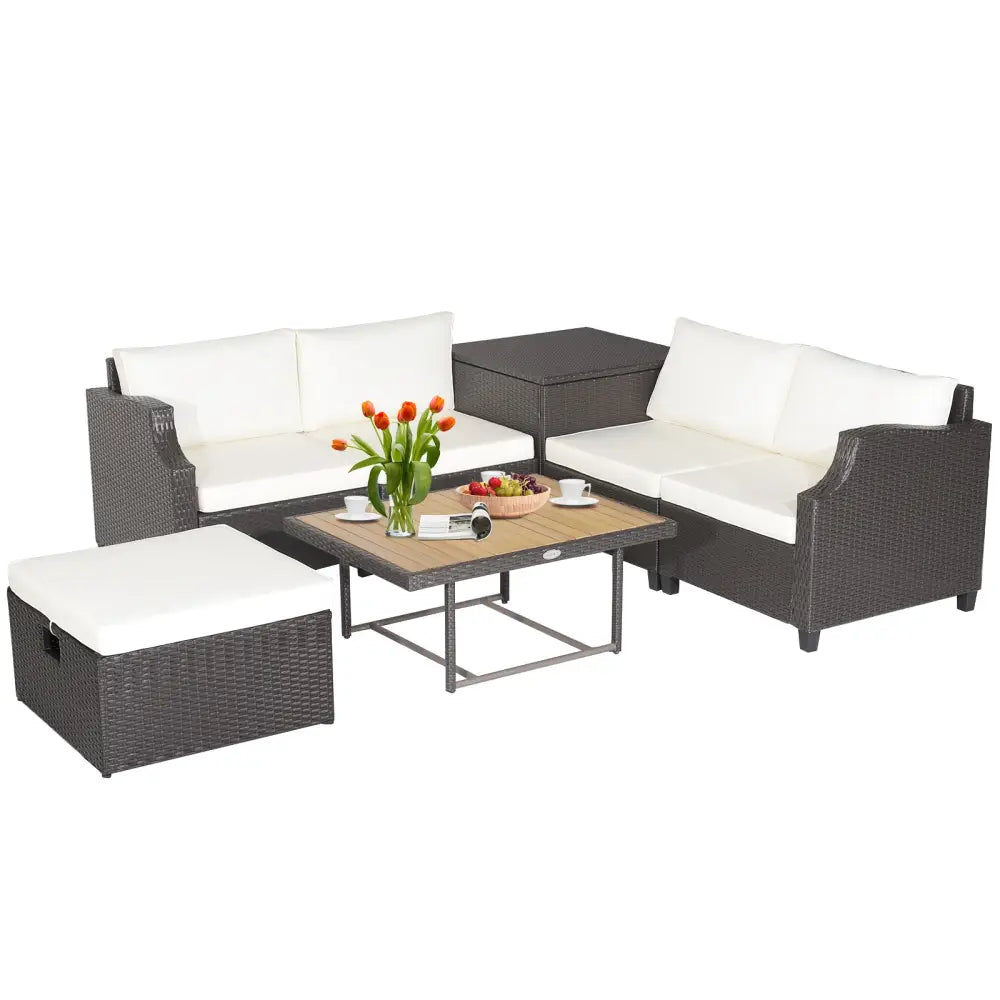 7 Pieces Hand-Woven Wicker Outdoor Furniture Set with Acacia Wood Coffee Table-White - White - Outdoor Sectionals