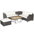 7 Pieces Hand-Woven Wicker Outdoor Furniture Set with Acacia Wood Coffee Table-White - White - Outdoor Sectionals