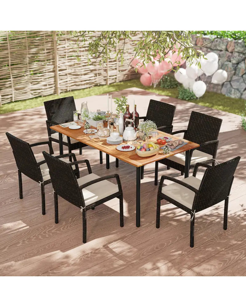 7 Pieces Outdoor Dining Set Acacia Wood Table with Umbrella Hole and Cushions-White - Off White - Patio Dining Sets