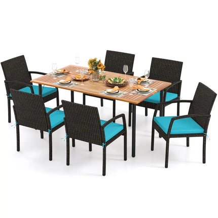 7 Pieces Outdoor Dining Set Acacia Wood Table with Umbrella Hole and Cushions-Turquoise - Turquoise - Patio Dining Sets