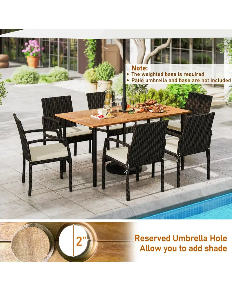 7 Pieces Outdoor Dining Set Acacia Wood Table with Umbrella Hole and Cushions-White - Off White - Patio Dining Sets
