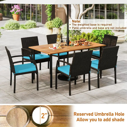 7 Pieces Outdoor Dining Set Acacia Wood Table with Umbrella Hole and Cushions-Turquoise - Turquoise - Patio Dining Sets