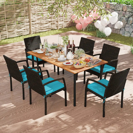 7 Pieces Outdoor Dining Set Acacia Wood Table with Umbrella Hole and Cushions-Turquoise - Turquoise - Patio Dining Sets