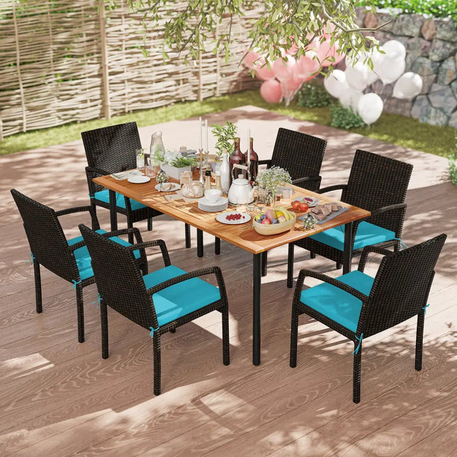 7 Pieces Outdoor Dining Set Acacia Wood Table with Umbrella Hole and Cushions-Turquoise - Turquoise - Patio Dining Sets