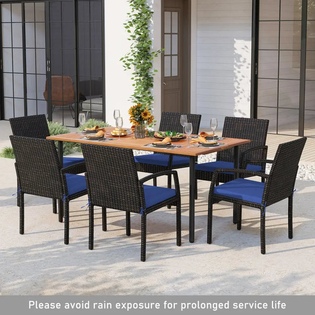7 Pieces Outdoor Dining Set Acacia Wood Table with Umbrella Hole and Cushions-Navy - Navy - Patio Dining Sets