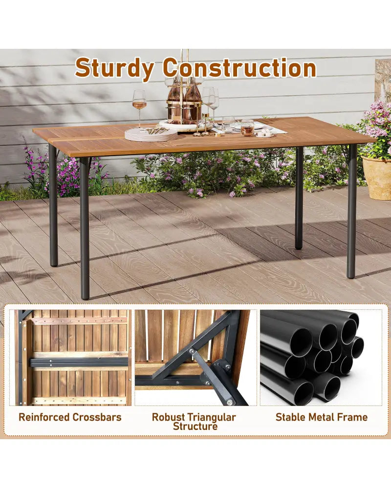7 Pieces Outdoor Dining Set Acacia Wood Table with Umbrella Hole and Cushions-White - Off White - Patio Dining Sets