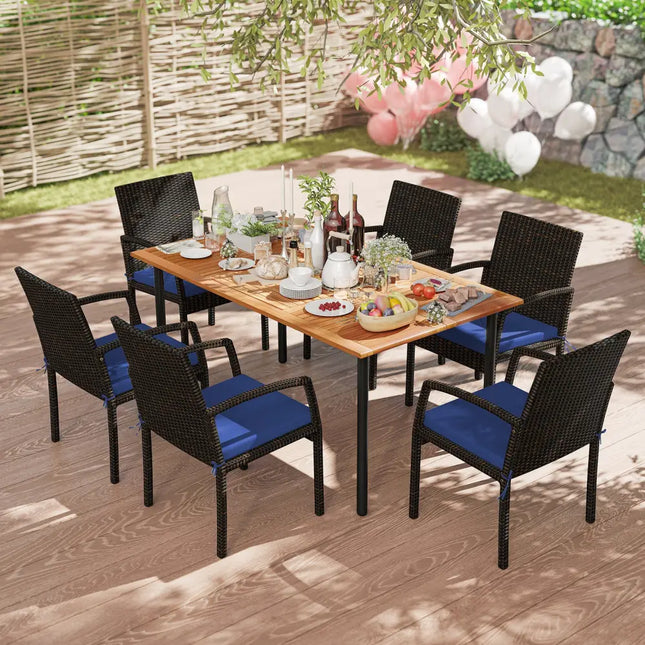 7 Pieces Outdoor Dining Set Acacia Wood Table with Umbrella Hole and Cushions-Navy - Navy - Patio Dining Sets