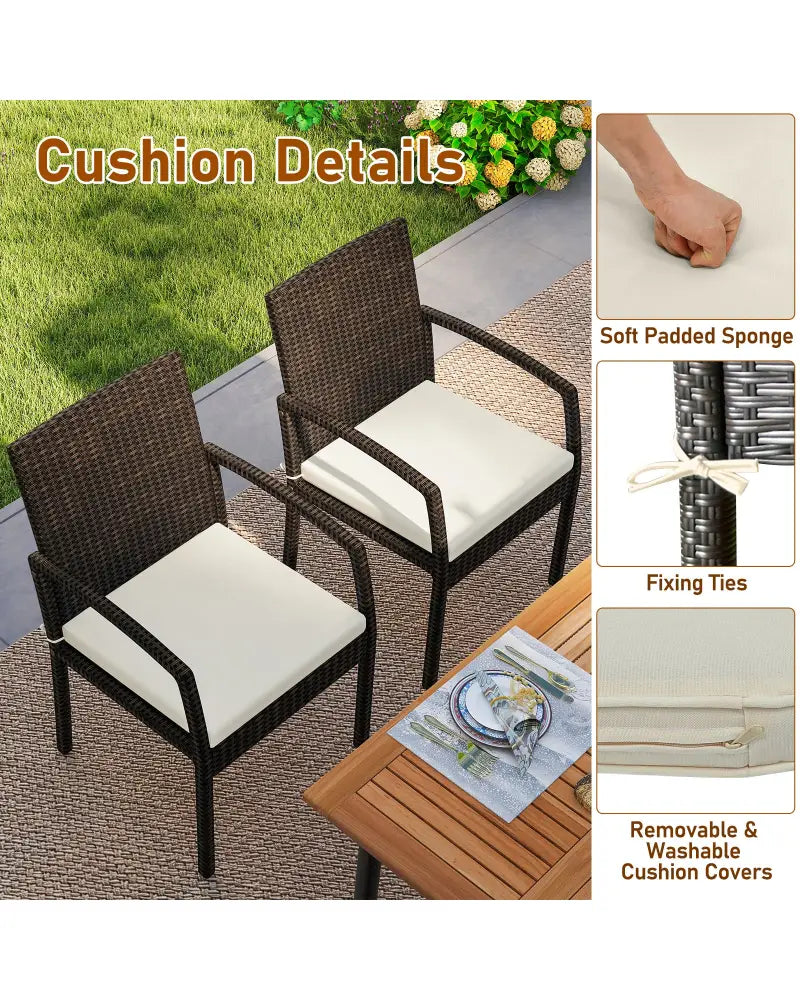 7 Pieces Outdoor Dining Set Acacia Wood Table with Umbrella Hole and Cushions-White - Off White - Patio Dining Sets