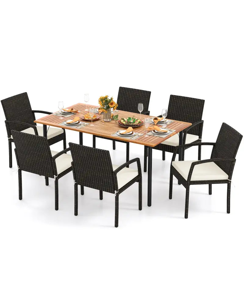 7 Pieces Outdoor Dining Set Acacia Wood Table with Umbrella Hole and Cushions-White - Off White - Patio Dining Sets