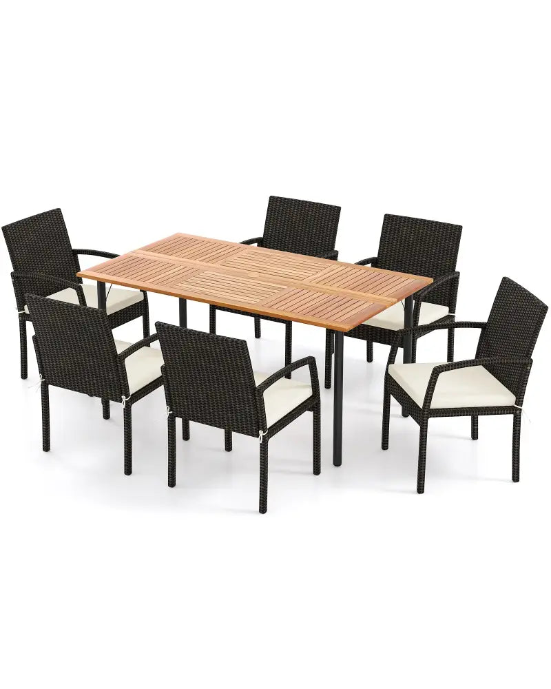 7 Pieces Outdoor Dining Set Acacia Wood Table with Umbrella Hole and Cushions-White - Off White - Patio Dining Sets