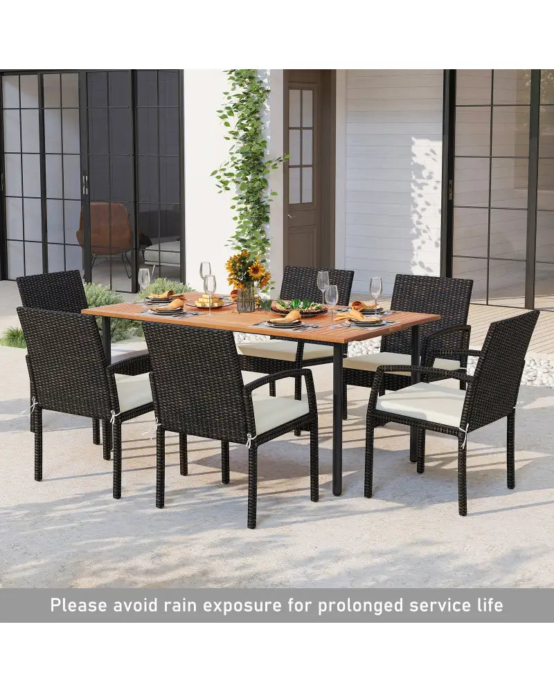 7 Pieces Outdoor Dining Set Acacia Wood Table with Umbrella Hole and Cushions-White - Off White - Patio Dining Sets