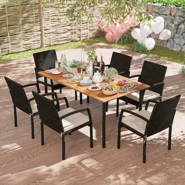 7 Pieces Outdoor Dining Set Acacia Wood Table with Umbrella Hole and Cushions-White - Off White - Patio Dining Sets