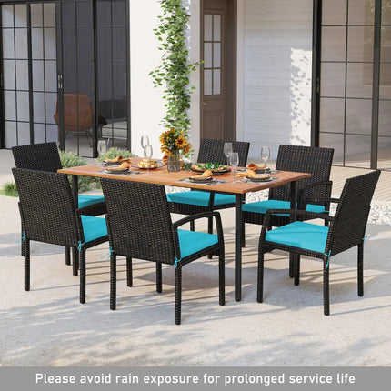 7 Pieces Outdoor Dining Set Acacia Wood Table with Umbrella Hole and Cushions-Turquoise - Turquoise - Patio Dining Sets