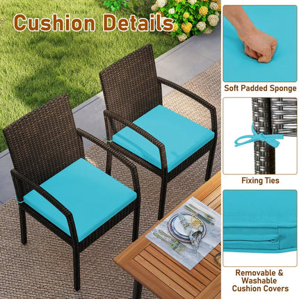 7 Pieces Outdoor Dining Set Acacia Wood Table with Umbrella Hole and Cushions-Turquoise - Turquoise - Patio Dining Sets