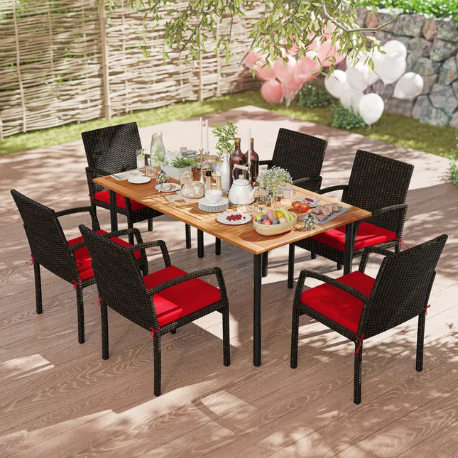 7 Pieces Outdoor Dining Set Acacia Wood Table with Umbrella Hole and Cushions-Red - Red - Patio Dining Sets