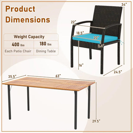 7 Pieces Outdoor Dining Set Acacia Wood Table with Umbrella Hole and Cushions-Turquoise - Turquoise - Patio Dining Sets