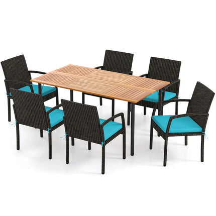 7 Pieces Outdoor Dining Set Acacia Wood Table with Umbrella Hole and Cushions-Turquoise - Turquoise - Patio Dining Sets