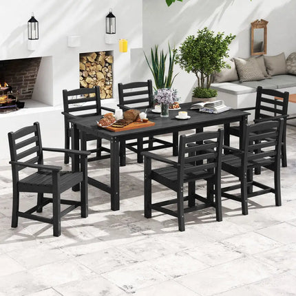 7 Pieces Outdoor Dining Table Set for 6 People 67 Inch HDPE Patio Rectangle Table and 6 Armchairs-Black - Black - Patio
