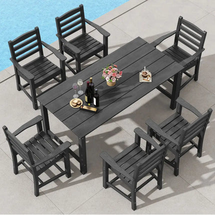 7 Pieces Outdoor Dining Table Set for 6 People 67 Inch HDPE Patio Rectangle Table and 6 Armchairs-Black - Black - Patio