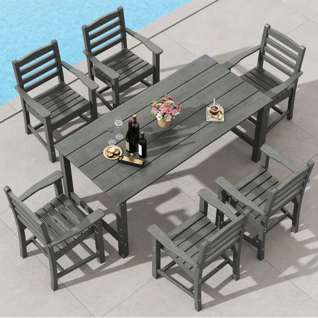 7 Pieces Outdoor Dining Table Set for 6 People 67 Inch HDPE Patio Rectangle Table and 6 Armchairs-Gray - Gray - Patio