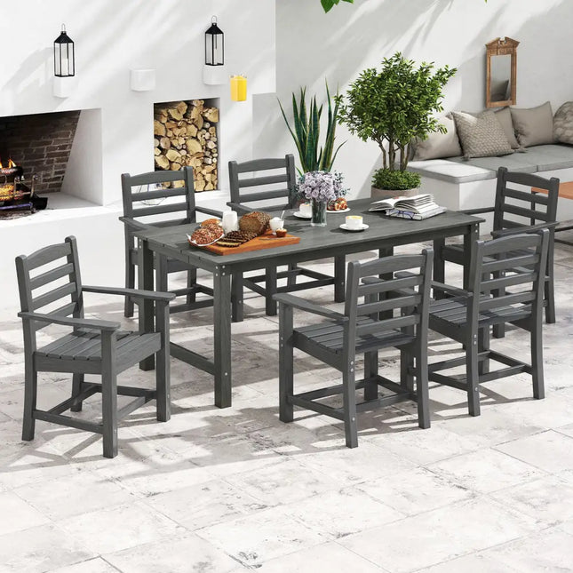 7 Pieces Outdoor Dining Table Set for 6 People 67 Inch HDPE Patio Rectangle Table and 6 Armchairs-Gray - Gray - Patio