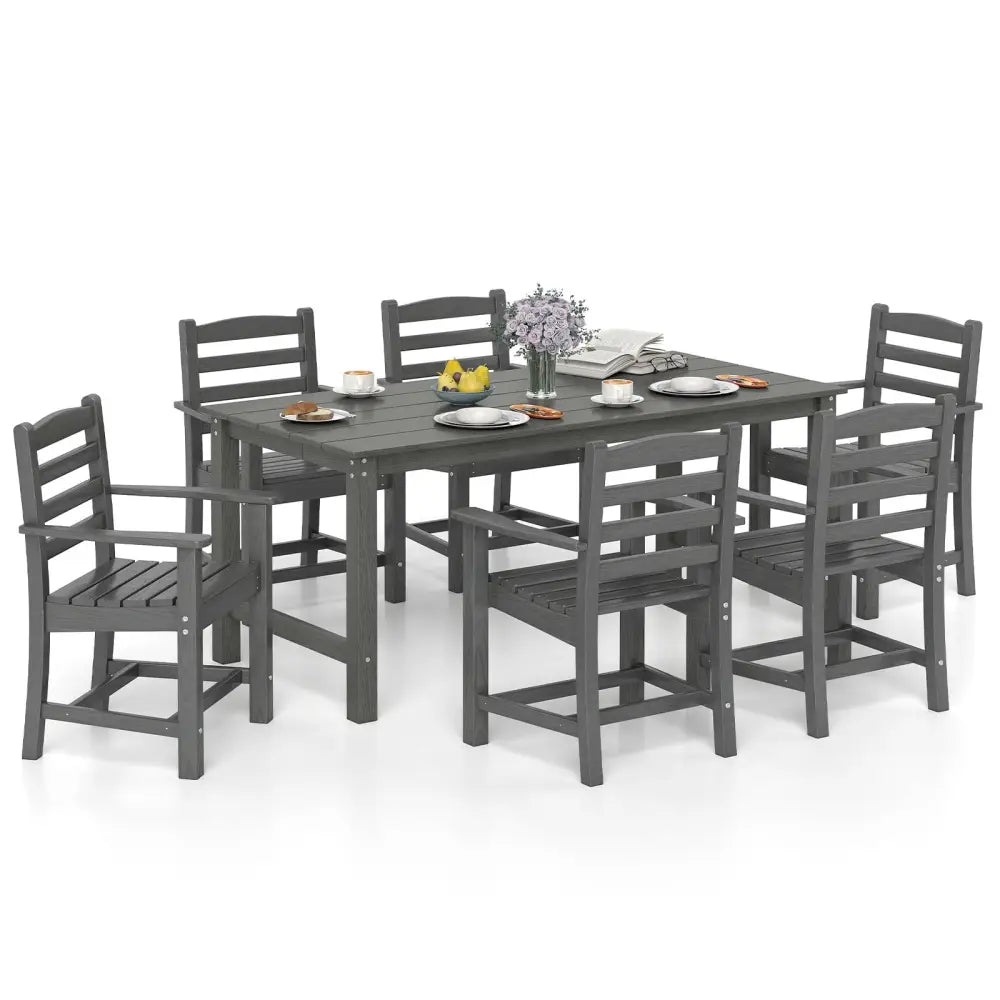 7 Pieces Outdoor Dining Table Set for 6 People 67 Inch HDPE Patio Rectangle Table and 6 Armchairs-Gray - Gray - Patio
