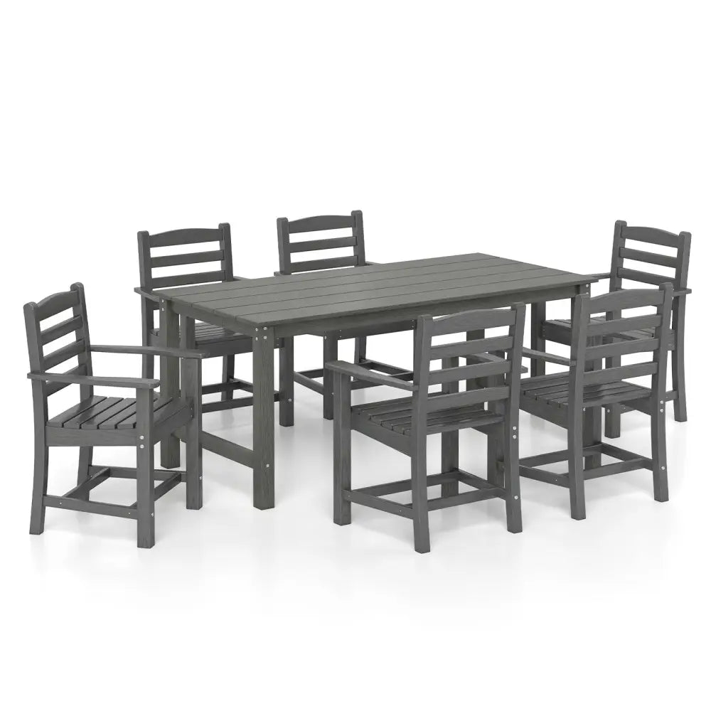 7 Pieces Outdoor Dining Table Set for 6 People 67 Inch HDPE Patio Rectangle Table and 6 Armchairs-Gray - Gray - Patio