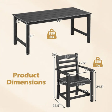 7 Pieces Outdoor Dining Table Set for 6 People 67 Inch HDPE Patio Rectangle Table and 6 Armchairs-Black - Black - Patio