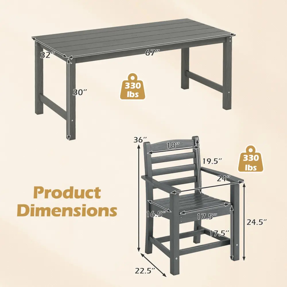 7 Pieces Outdoor Dining Table Set for 6 People 67 Inch HDPE Patio Rectangle Table and 6 Armchairs-Gray - Gray - Patio