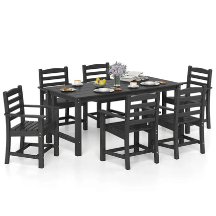 7 Pieces Outdoor Dining Table Set for 6 People 67 Inch HDPE Patio Rectangle Table and 6 Armchairs-Black - Black - Patio