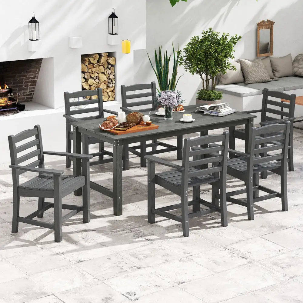 7 Pieces Outdoor Dining Table Set for 6 People 67 Inch HDPE Patio Rectangle Table and 6 Armchairs-Gray - Gray - Patio