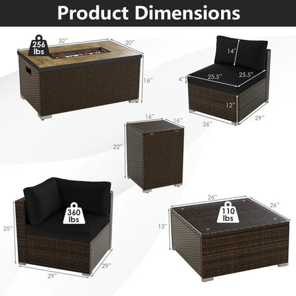 7 Pieces Outdoor Furniture Set with 32 Inch Fire Pit Table and Propane Tank Cover-Black - Black - Patio Furniture Sets