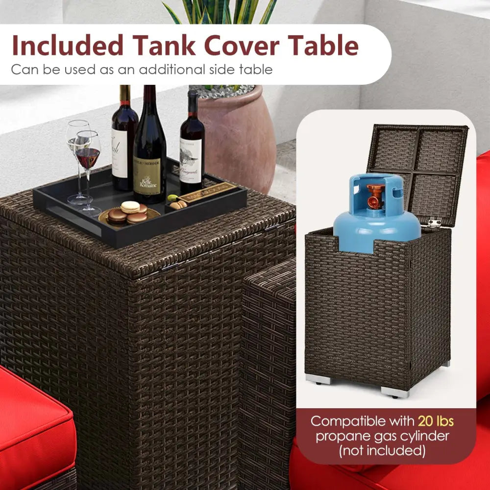 7 Pieces Outdoor Furniture Set with 32 Inch Fire Pit Table and Propane Tank Cover-Red - Red - Patio Furniture Sets