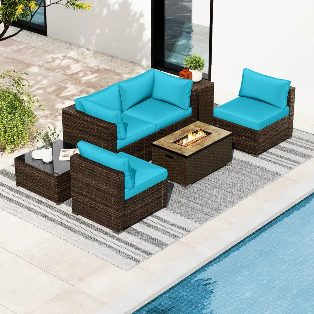 7 Pieces Outdoor Furniture Set with 32 Inch Fire Pit Table and Propane Tank Cover-Turquoise - Turquoise - Patio