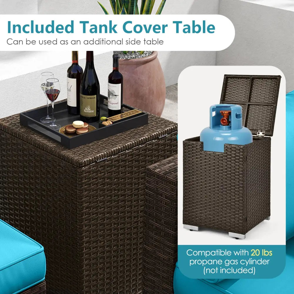 7 Pieces Outdoor Furniture Set with 32 Inch Fire Pit Table and Propane Tank Cover-Turquoise - Turquoise - Patio