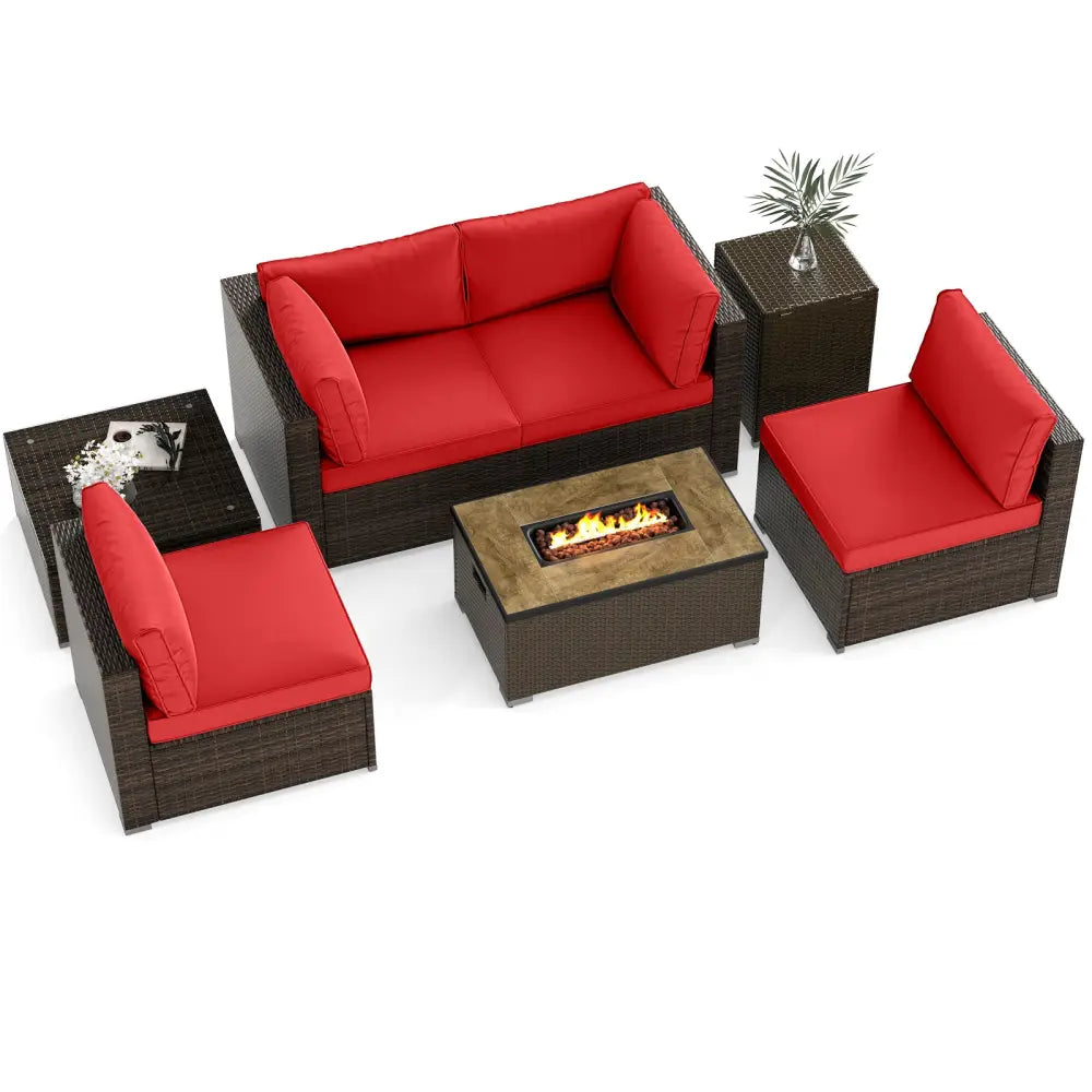 7 Pieces Outdoor Furniture Set with 32 Inch Fire Pit Table and Propane Tank Cover-Red - Red - Patio Furniture Sets