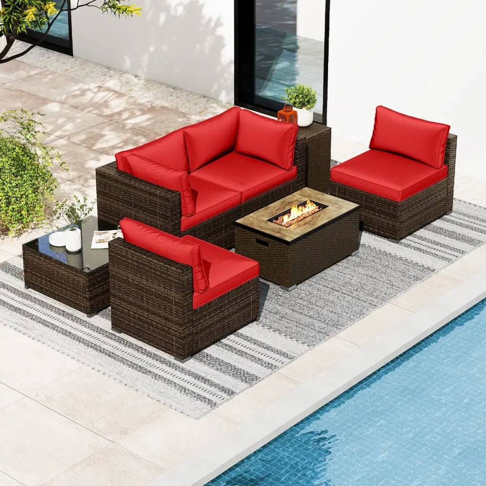 7 Pieces Outdoor Furniture Set with 32 Inch Fire Pit Table and Propane Tank Cover-Red - Red - Patio Furniture Sets