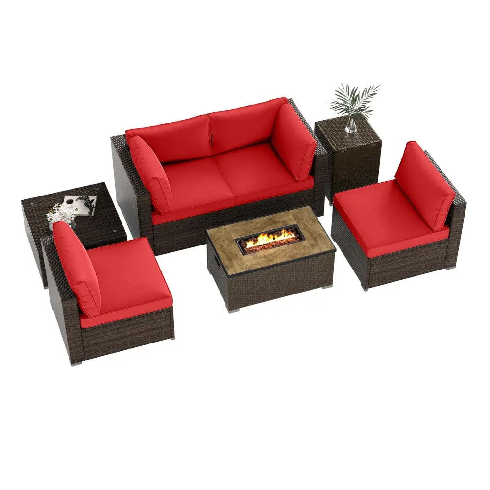 7 Pieces Outdoor Furniture Set with 32 Inch Fire Pit Table and Propane Tank Cover-Red - Red - Patio Furniture Sets