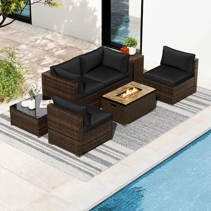 7 Pieces Outdoor Furniture Set with 32 Inch Fire Pit Table and Propane Tank Cover-Black - Black - Patio Furniture Sets