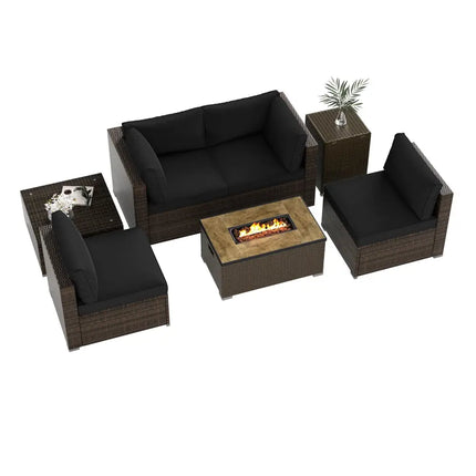 7 Pieces Outdoor Furniture Set with 32 Inch Fire Pit Table and Propane Tank Cover-Black - Black - Patio Furniture Sets