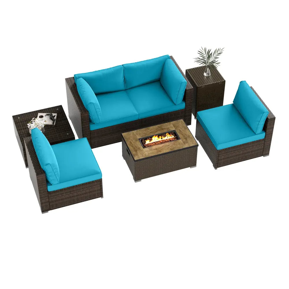 7 Pieces Outdoor Furniture Set with 32 Inch Fire Pit Table and Propane Tank Cover-Turquoise - Turquoise - Patio