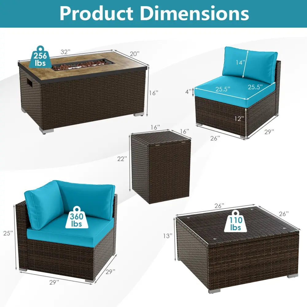 7 Pieces Outdoor Furniture Set with 32 Inch Fire Pit Table and Propane Tank Cover-Turquoise - Turquoise - Patio