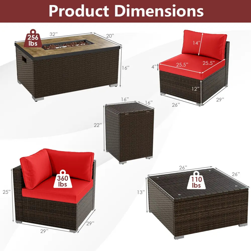 7 Pieces Outdoor Furniture Set with 32 Inch Fire Pit Table and Propane Tank Cover-Red - Red - Patio Furniture Sets
