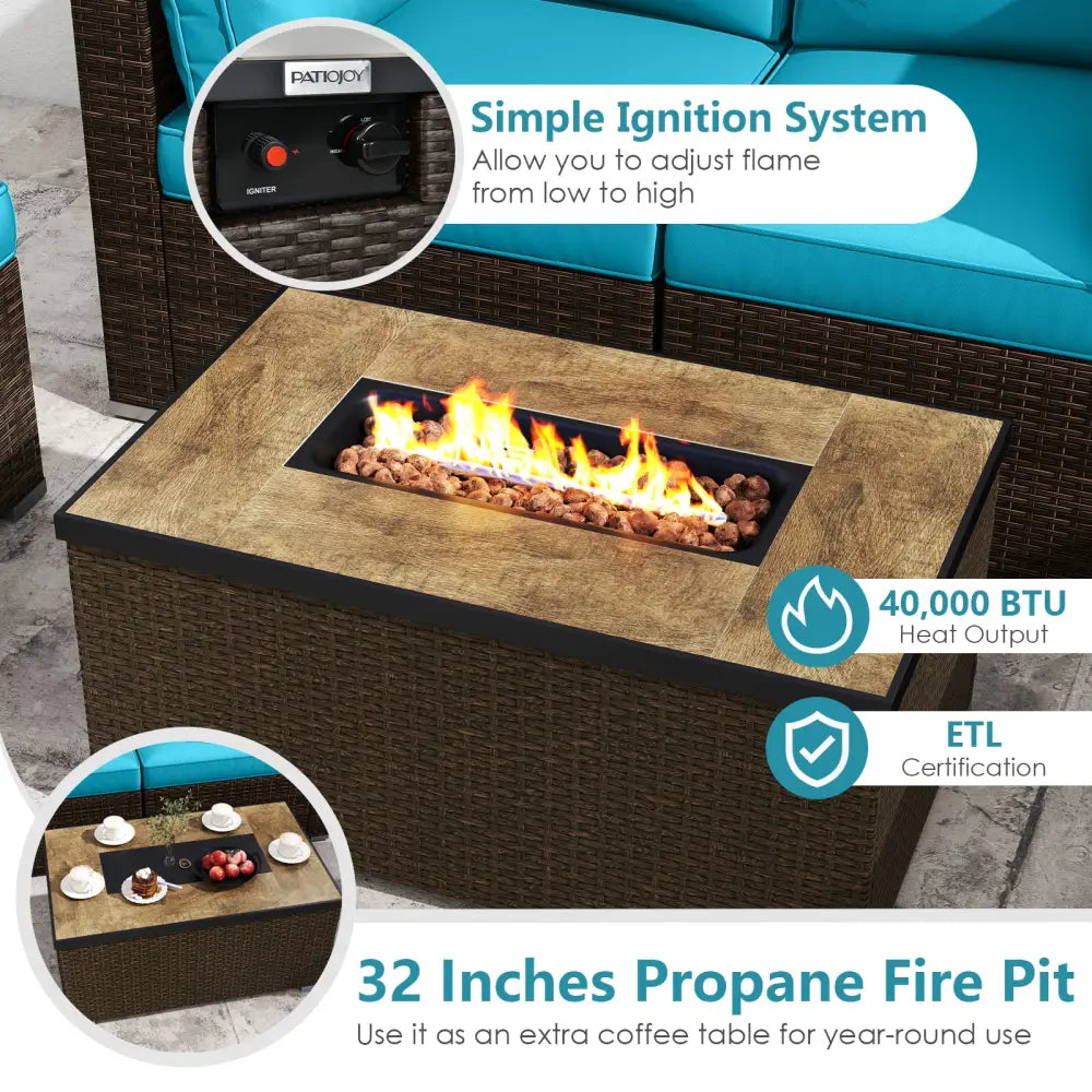 7 Pieces Outdoor Furniture Set with 32 Inch Fire Pit Table and Propane Tank Cover-Turquoise - Turquoise - Patio