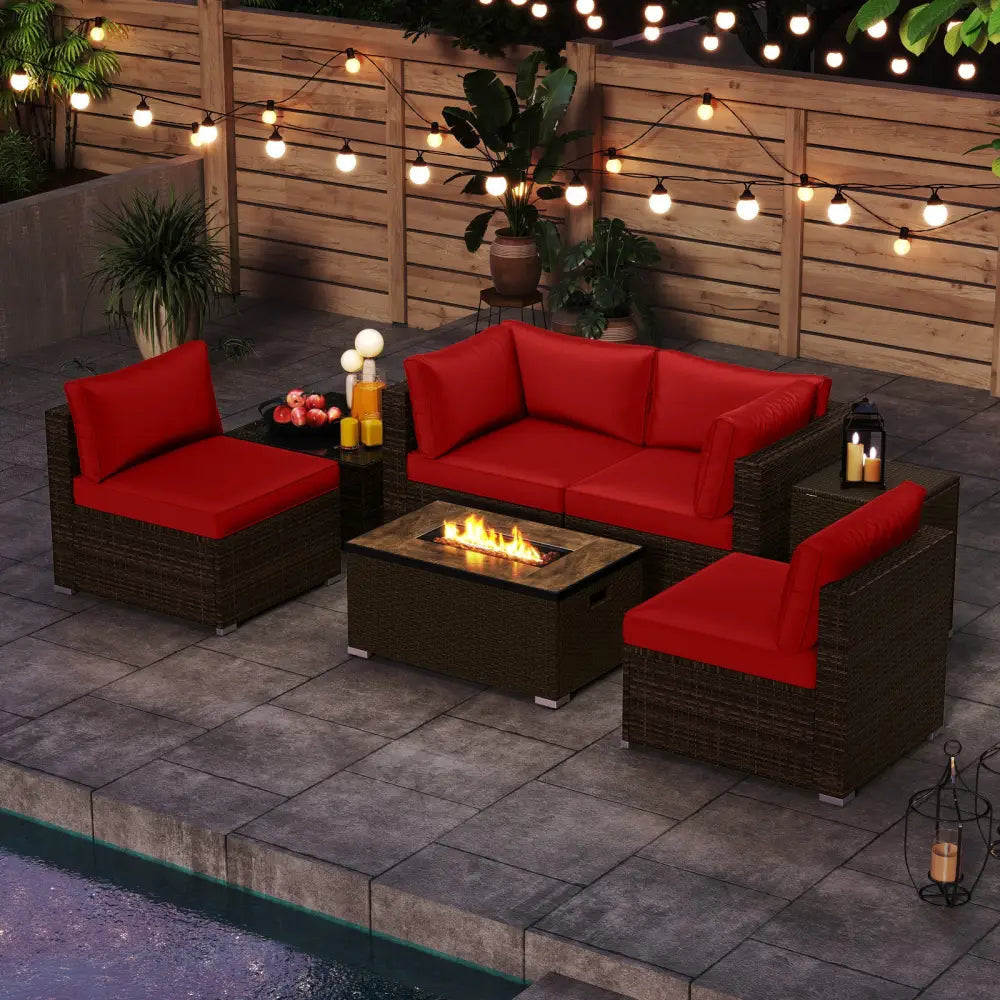 7 Pieces Outdoor Furniture Set with 32 Inch Fire Pit Table and Propane Tank Cover-Red - Red - Patio Furniture Sets