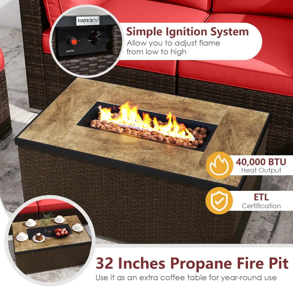 7 Pieces Outdoor Furniture Set with 32 Inch Fire Pit Table and Propane Tank Cover-Red - Red - Patio Furniture Sets